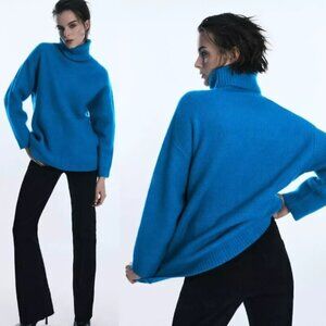 Zara Blue Soft Ribbed Knit Wool Blend Oversized Turtleneck Sweater 29603